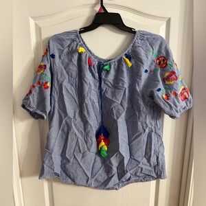 Hannah Women’s Striped Fringe Embroidered Blouse Sz 2X. Jan-46